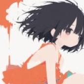 Afternoon，A young girl in an orange dress with black hair and bangs.