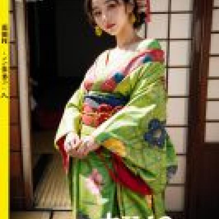 手機桌布，花魁，寫實，身穿綠色和服的日本女子。
