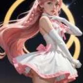 Cure Prism Soaring Sky Pretty Cure SecretMoon，一個粉紅色頭髮的女孩站在黃色圓圈前。