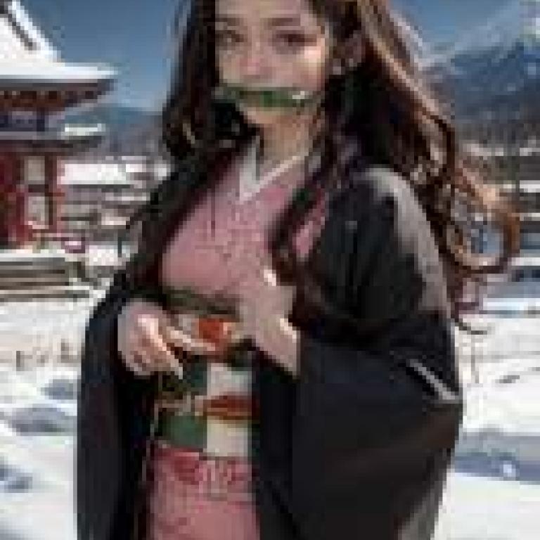 Nezuko Kamado，Demon Slayer，A woman with long hair wearing a kimono holding her nose.