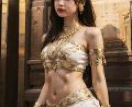 埃及女神，身穿金色比基尼，雙臂交叉的女孩。