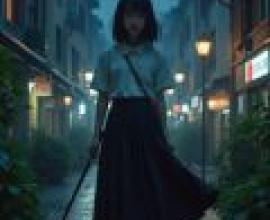 sword girl，一個身穿白襯衫和藍裙子的女孩，拿著一把傘。