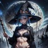 Black Witch，A girl with blue hair and a witch hat holding a magic wand.
