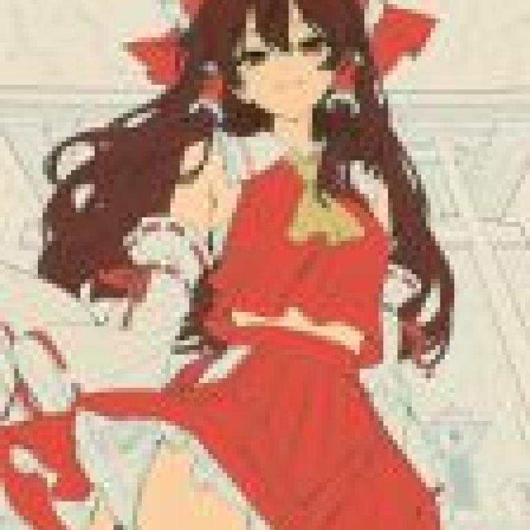 Reimu Hakurei，A drawing of anime girl with red bow on head and dress.