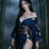 古代日本女刺客，身穿藍色和服，手持一把利劍。