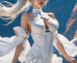 Anachiro 又名灰姑娘 NIKKE，身穿白色連身裙，背景是藍天的女子。