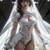 2B white wedding dress，A woman in costume holds a sword.