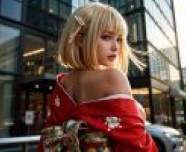 Beautiful photographer，A woman with blonde hair is wearing a kimono.