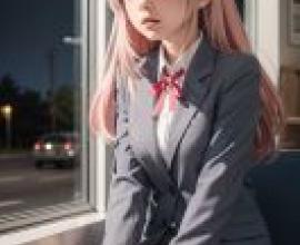 Oyama Mahiro Onimai Im Now Your Sister，Onimai，A girl in a grey blazer looking out the window.