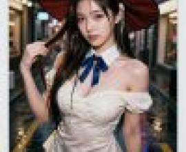 街頭美女，身穿白色套裝、頭戴紅色帽子、長髮飄飄的女子。