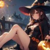 萬聖節南瓜女孩：一個戴著女巫帽的女孩抱著南瓜。