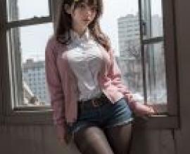 藤野美月 Zombie no Afureta Sekai de Ore dake ga Osowarenai 穿著粉紅色羊毛衫靠在窗台上的女人。