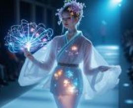 Technology kimono，A woman with blue hair wearing a white dress.