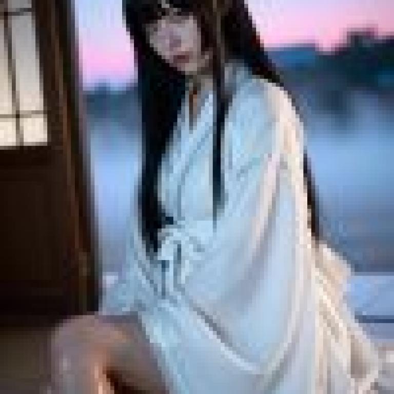 女孩們，一位身穿白色和服的女子坐在桌上。