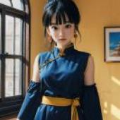 Chi-Chi， Dragon Ball Character，a woman with a blue dress looking at the camera.