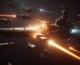 太空戰鬥場景，多艘戰艦交戰。