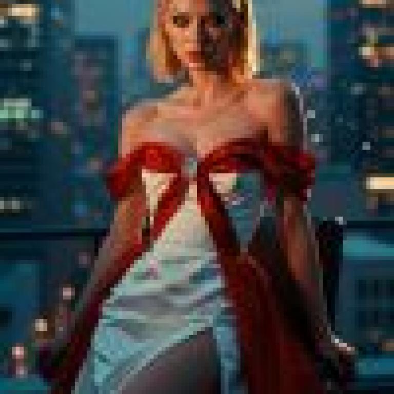 夜之舞，一位身穿白色洋裝、穿著紅色蝴蝶結的金髮女子。