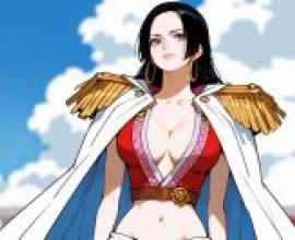 One Piece，Hancock Boa， 女帝，Anime woman wearing red and white dress with gold belt.
