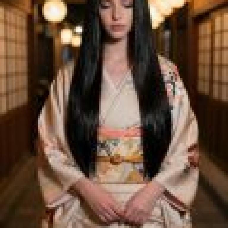 日本奇遇記，一位身穿和服的女子站在燈籠旁。