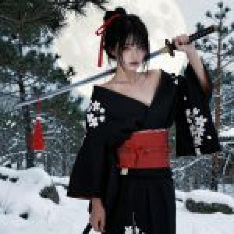 武士少女，一位手持利劍、身穿黑色和服的女子。