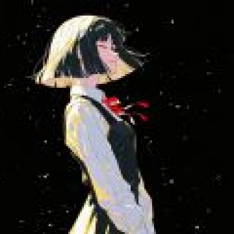 日本JK剪影，身穿黑白洋裝、頭上綁著紅色蝴蝶結的年輕女孩。