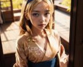 Aleksandra Pokryshkin 勇敢的女巫 一個戴著藍色髮帶和金色連身裙的女孩。