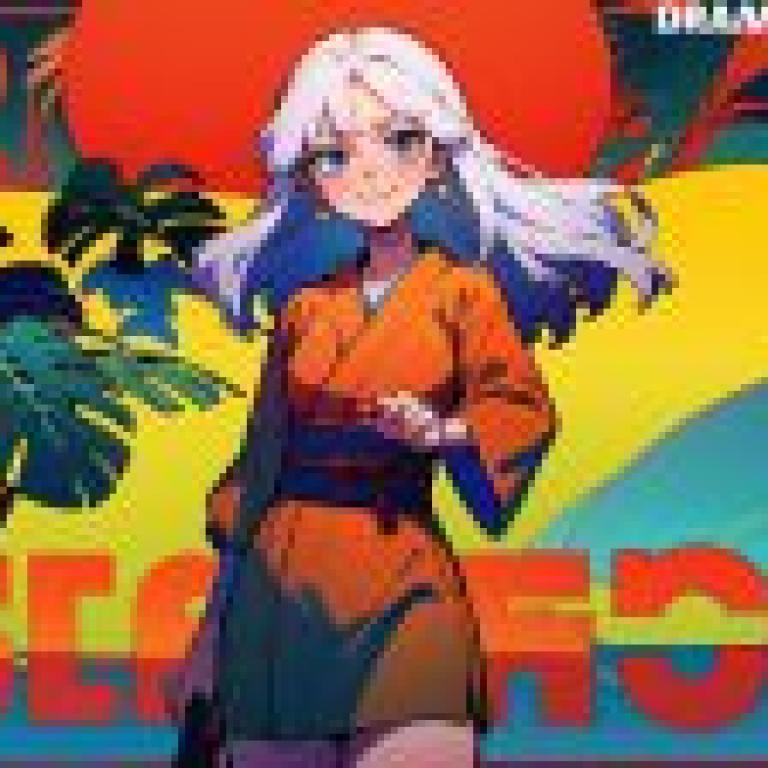 Computer wallpaper， Japanese kimono beauties on Nanyang Beach， animation， orange skirt glow: focus animation in front of the palm