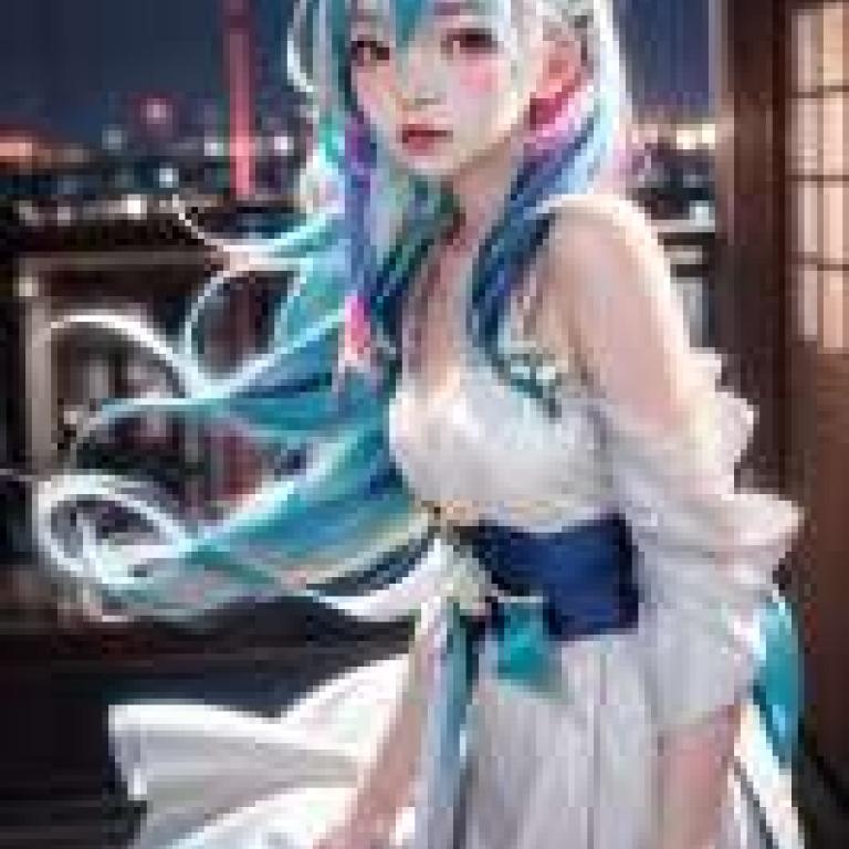 一頭亮麗的秀發，一位有著藍色頭髮和白色連身裙的女孩。