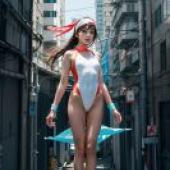 城市游泳，穿著高跟鞋和緊身衣的模特兒。