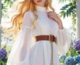 ZIT trans，A model wears a white dress with a brown belt.