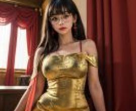 Barbara Feldon 1960s，A women in gold dress posing.