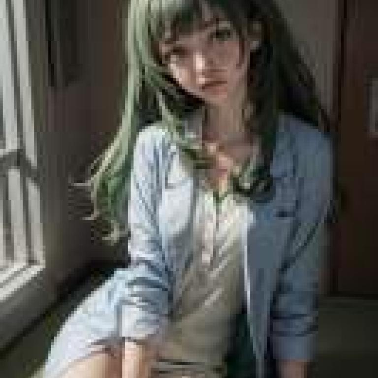 未來裝備實驗室 Steins Gate 角色倉庫 比屋城真帆，身穿淺藍色西裝外套的女孩正坐著。