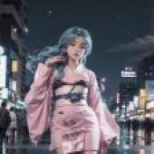 幽遊白書，牡丹，夜空汽車軌 - 雲漫夜空，滿月高懸，牡丹女孩和城市汽車在夜色中交織。
