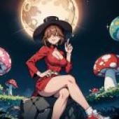 Mushroom Fantasy，A woman in red dress posing with mushrooms.
