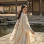 Ancient Chinese，A girl in a dress stands in front of the lake.