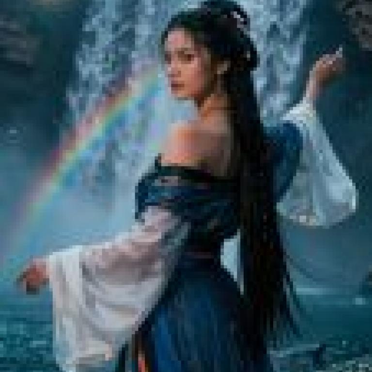 The village chief s daughter，Woman in blue dress looking at moon.