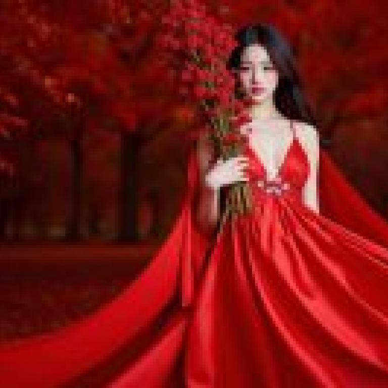 紅色夢，身穿紅衣的女子手捧玫瑰。