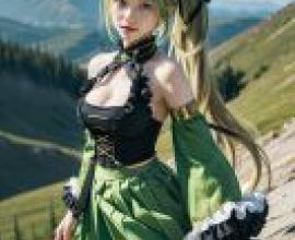 Rena Wind Sneaker Grand Archer ELSWORDA woman with a green ponytail and a yellow outfit is posing for the camera.