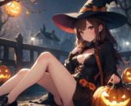 萬聖節南瓜女孩：一個戴著女巫帽的女孩抱著南瓜。
