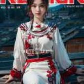 苗族服飾 白色苗疆服飾，一位身穿紅白洋裝的女孩盤腿而坐。