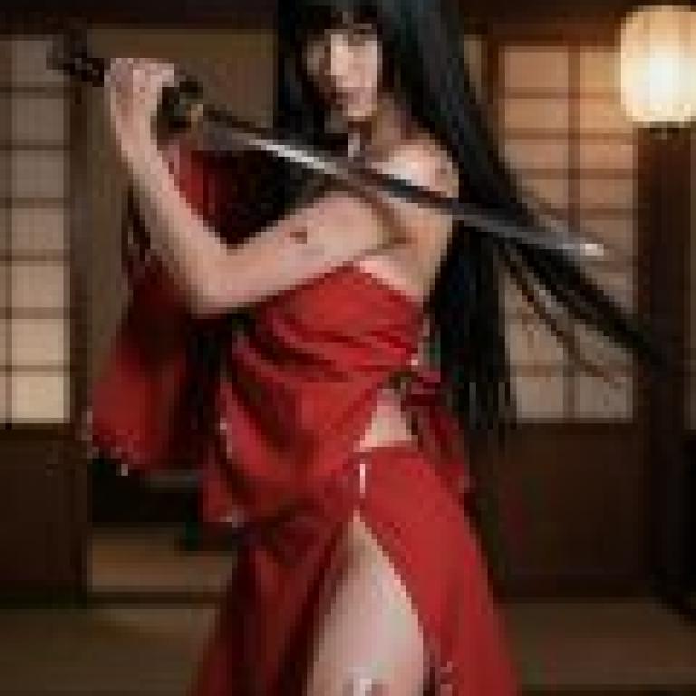 古代日本女刺客，身穿紅色連身裙，手持利劍。