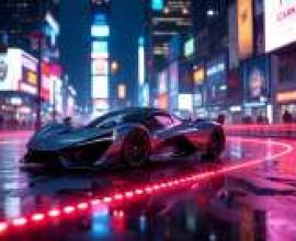 夜幕下，一輛跑車在賽道上飛馳，車燈閃爍。