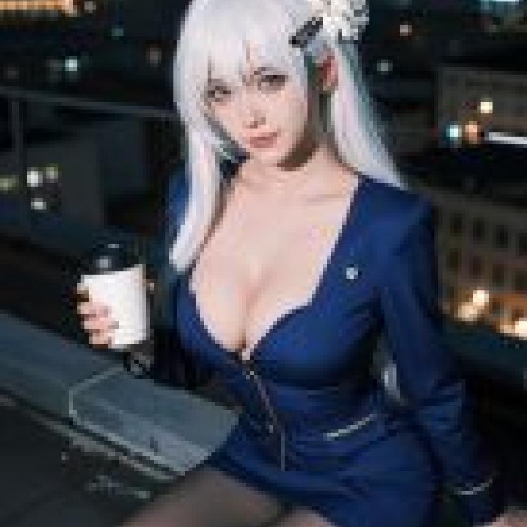 ZIT TEST03，Blue dress lady with a cup in hand.