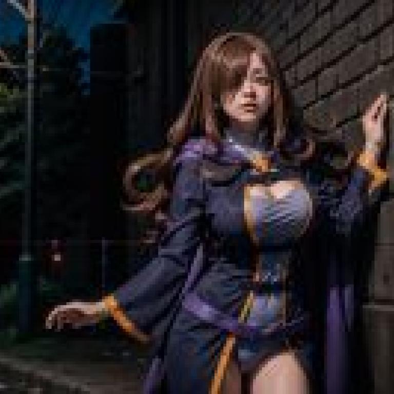 Wiz KonoSuba RavenAeyeGirl in purple cape standing on street.