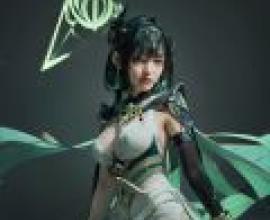 Nefer Genshin Impact，一個穿著白色連身裙、雙膝彎曲、手持長劍的女孩。