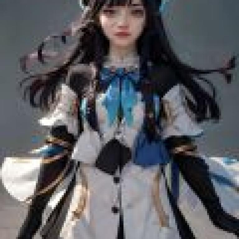 Pela Honkai Star Rail，一個穿著cosplay服裝、留著藍色頭髮、戴著蝴蝶結的女孩。
