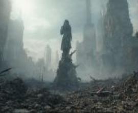 citys，A person standing on a pile of rubble with the skyline in the background.