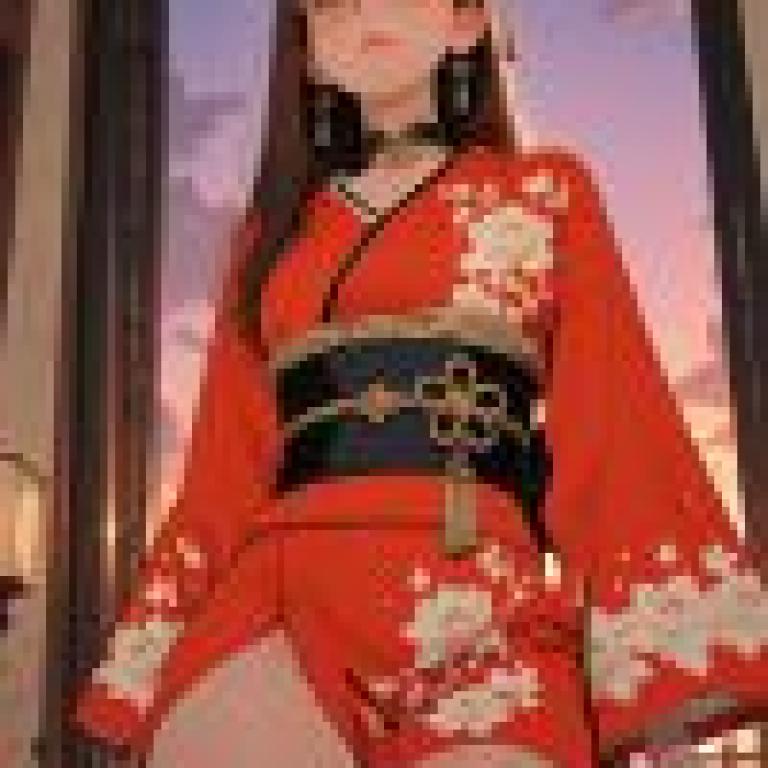 kimono，A model in red and gold.