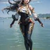 切爾西·科沃卡，身穿黑色緊身褲和金色靴子的女子。