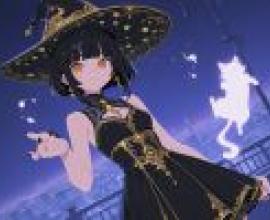 Anime beauties，A girl with witch hat and dress in front of cat.